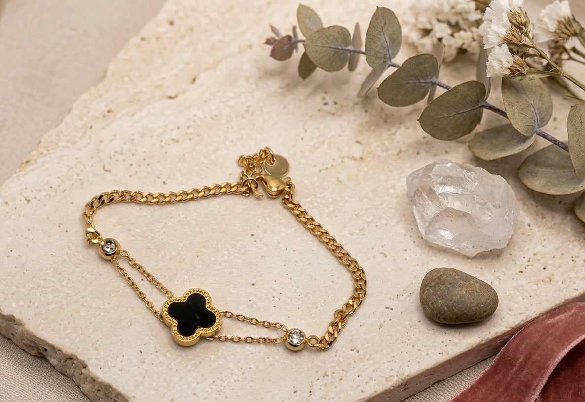 Onyx Clover Mixed Link Bracelet(black)
