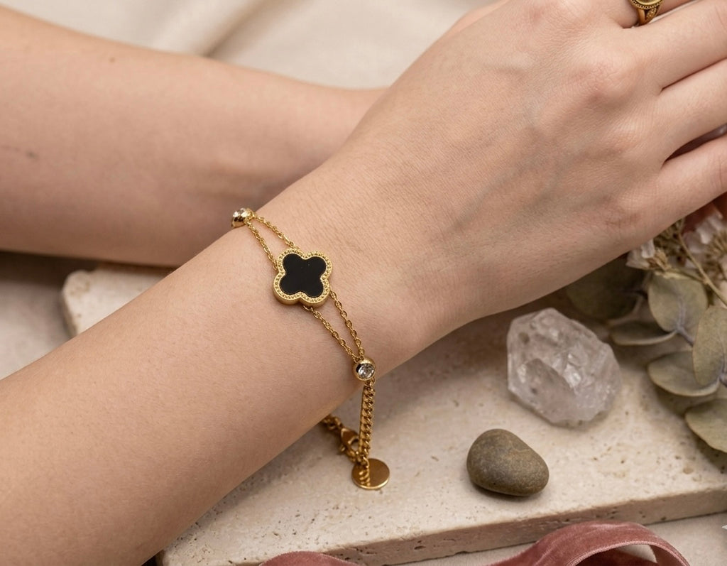 Onyx Clover Mixed Link Bracelet(black)