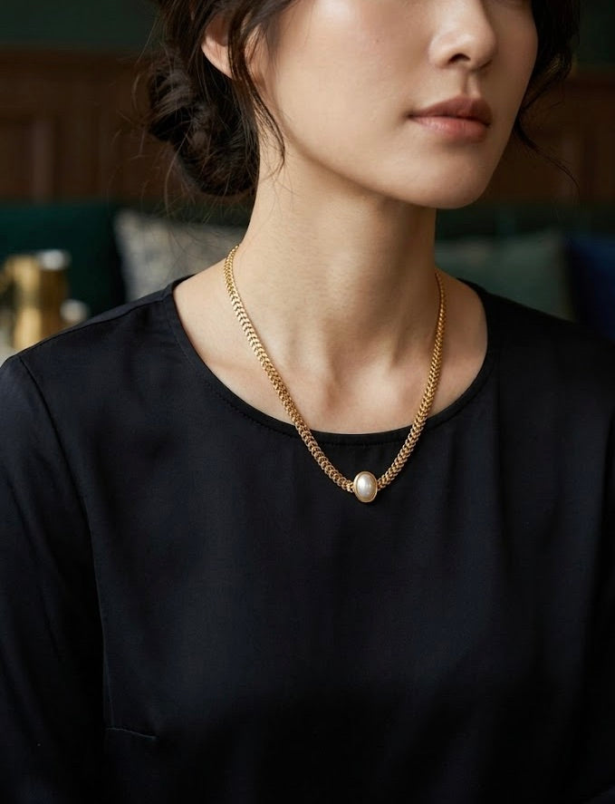 Vintage Bezel-Set Pearl Slide Necklace